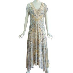 REBA Boho Embellished Rhinestone Deco Pattern Lace Knit Semi Sheer Maxi Dress M